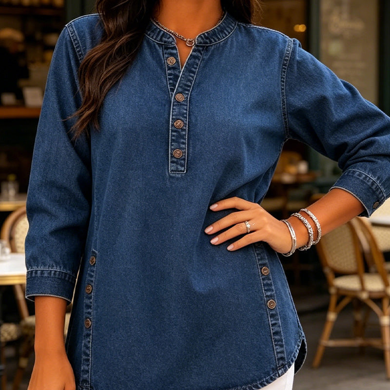 💙✨ ¡OFERTA 50% OFF! Camisa Holgada con Cuello en V – Estilo Elegante y Casual