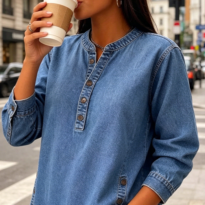 💙✨ ¡OFERTA 50% OFF! Camisa Holgada con Cuello en V – Estilo Elegante y Casual
