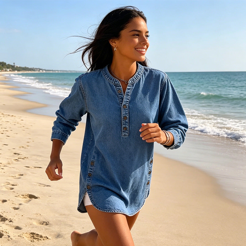 💙✨ ¡OFERTA 50% OFF! Camisa Holgada con Cuello en V – Estilo Elegante y Casual