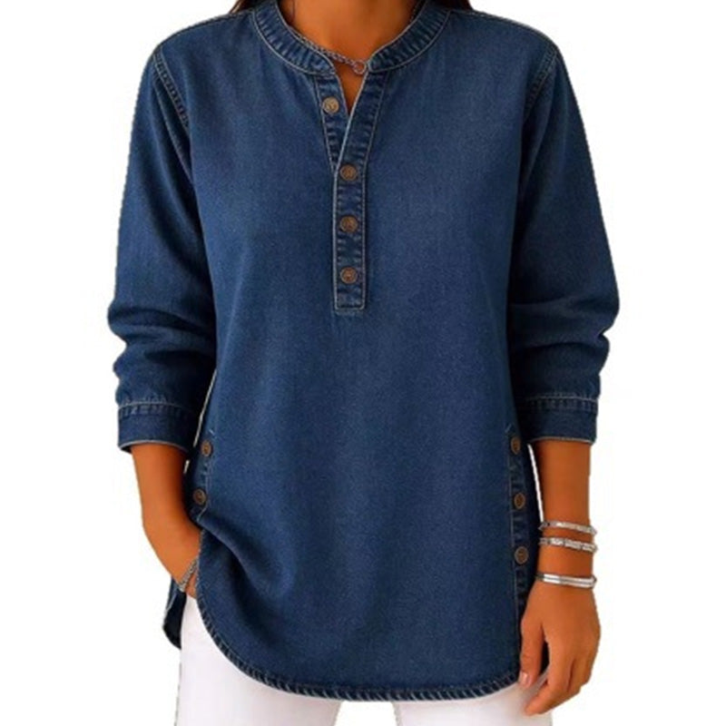 💙✨ ¡OFERTA 50% OFF! Camisa Holgada con Cuello en V – Estilo Elegante y Casual