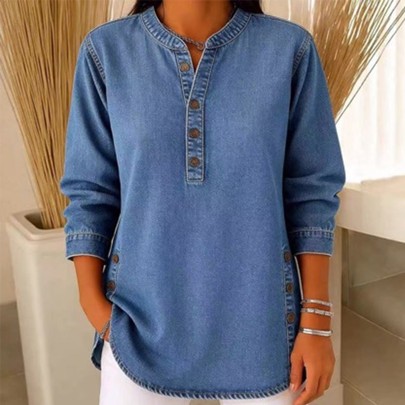 💙✨ ¡OFERTA 50% OFF! Camisa Holgada con Cuello en V – Estilo Elegante y Casual