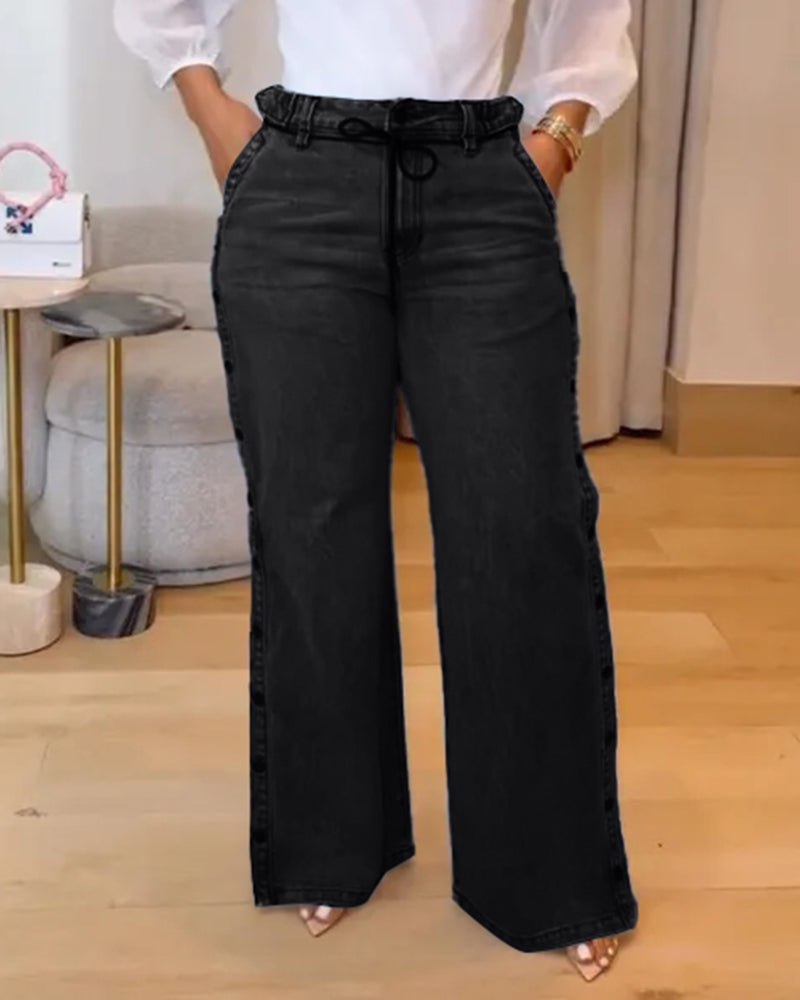 Shapshe® Straight Leg Wide Legs High Waist Baggy Side Snap Button Jeans