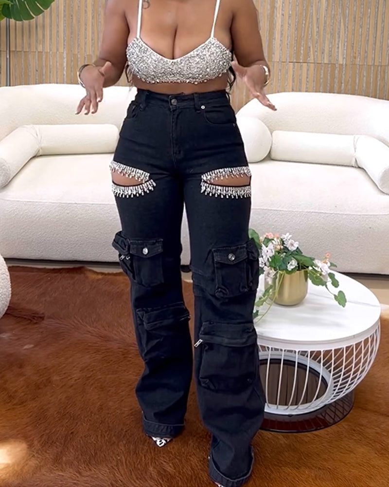 Jeans Cargo de Mezclilla con Recortes y Ribete Lavado Estilizado con Strass