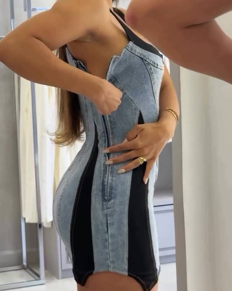 Vestido Mini Denim Bodycon con Tirantes de Color Contraste Shapshe®