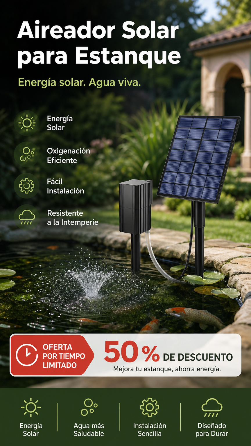 🔥🌞 ¡50% DE DESCUENTO! Aireador Solar para Estanques – Oxígeno Natural 24/7 para tus Peces 🐟💧