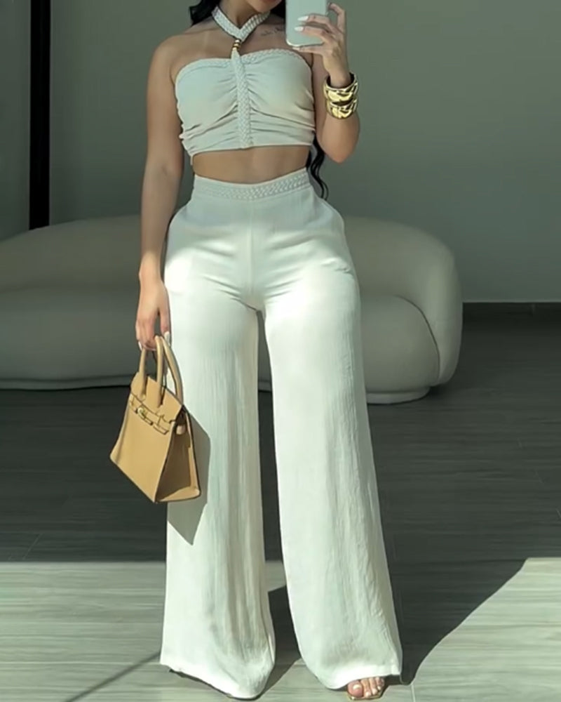 Conjunto de Dos Piezas con Cinta Trenzada y Pantalones Acampanados
