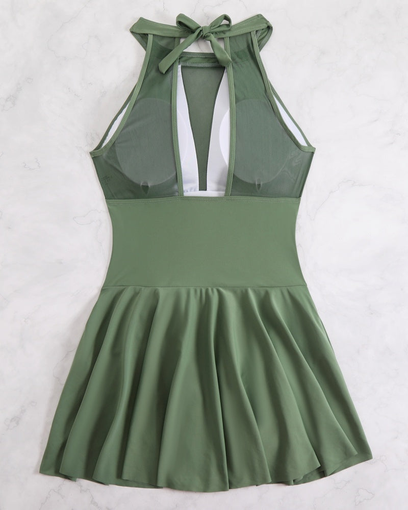 Traje de baño de talla grande con cuello halter, panel de malla, control de abdomen y lazo lateral