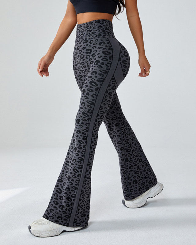 Pantalones deportivos acampanados de tiro alto con estampado de leopardo que realzan las caderas para yoga y fitness