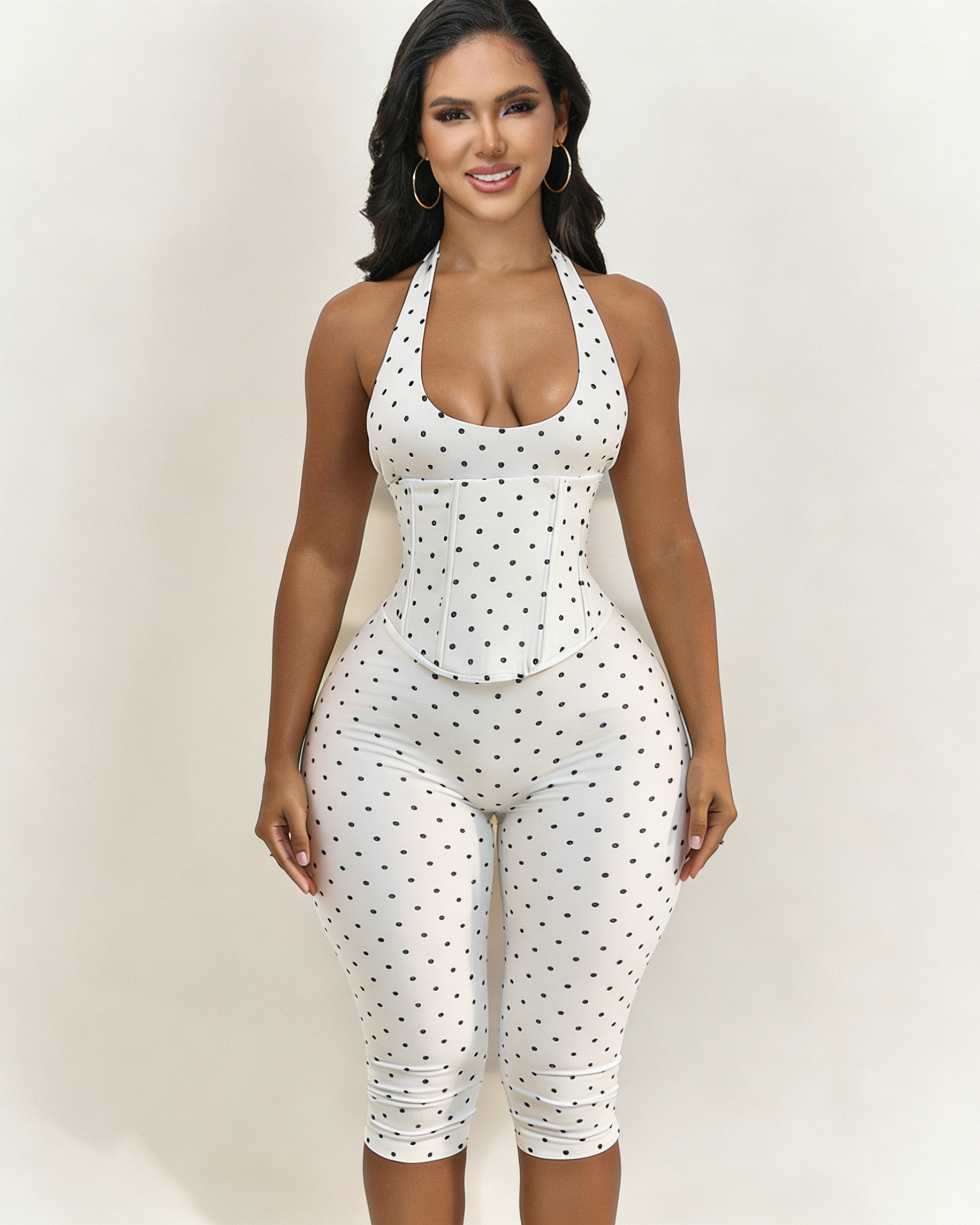 Mono Capri con Cintura de Reloj de Arena y Estampado de Lunares