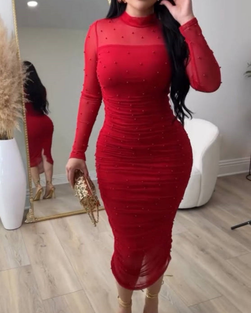 Vestido Midi Ajustado con Paneles de Malla Elegante, Fruncido y Cuello Simulado